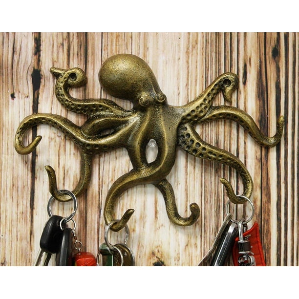 Ebros Gift 10.25 Wide Aluminum Nautical Cthulhu Deep Sea Kraken Octopus  Monster Wall Mount Hooks Hanging Plaque Tentacle Hook Feature for Keys Hats