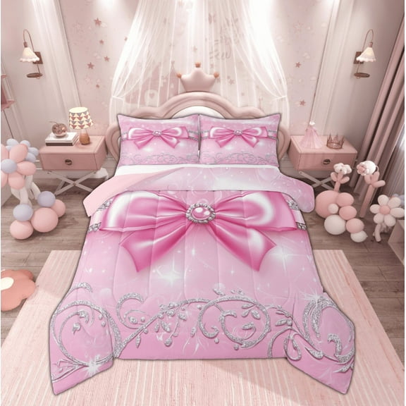 Manfei Bling Pink Bowknot Bedding Comforter Set for Kids, Diamond Floral Print Twin Comforter Sets, Princess Bow Style Reversible Bedding Set, Luxury Bedroom Decor, 2 Pieces