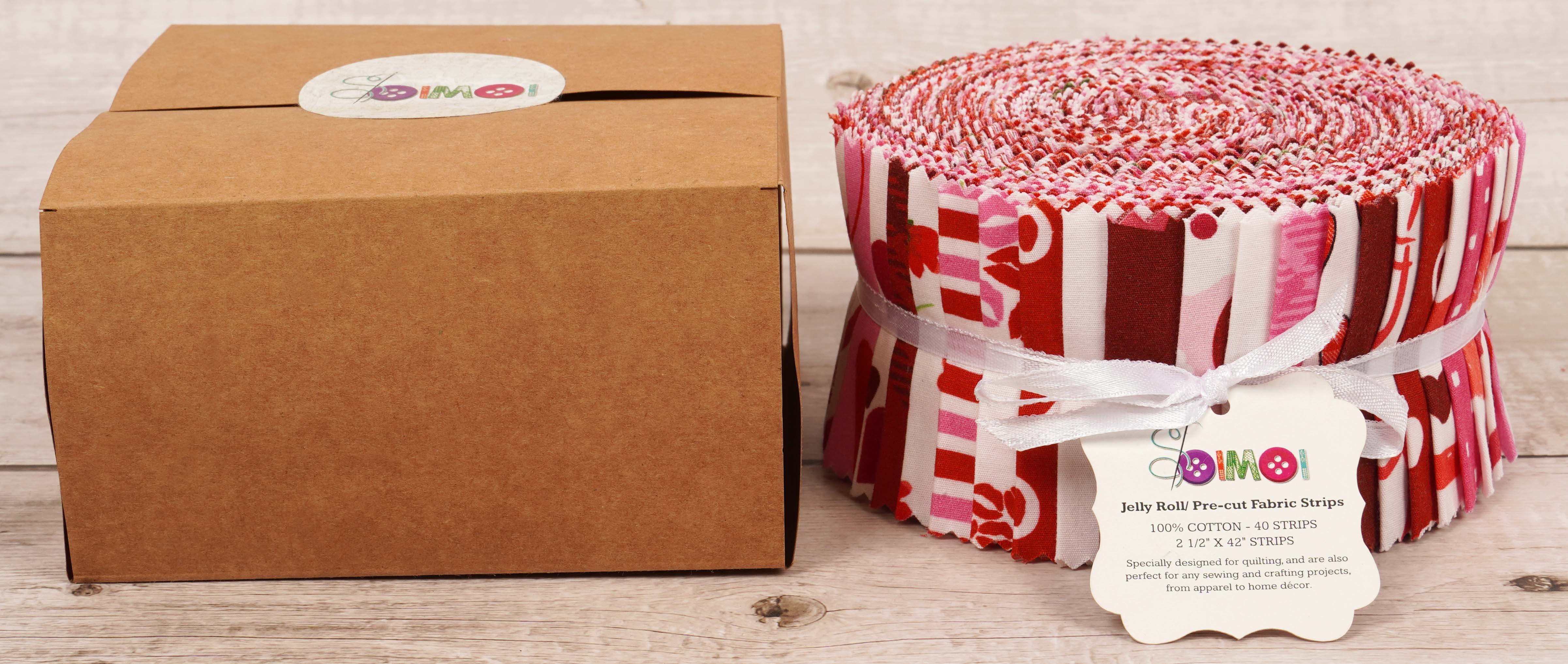 Soimoi 40Pcs Valentine Print Cotton Precut Fabrics For Quilting Craft Strips 2.5x42 inches Jelly Roll - Pink-White & Red