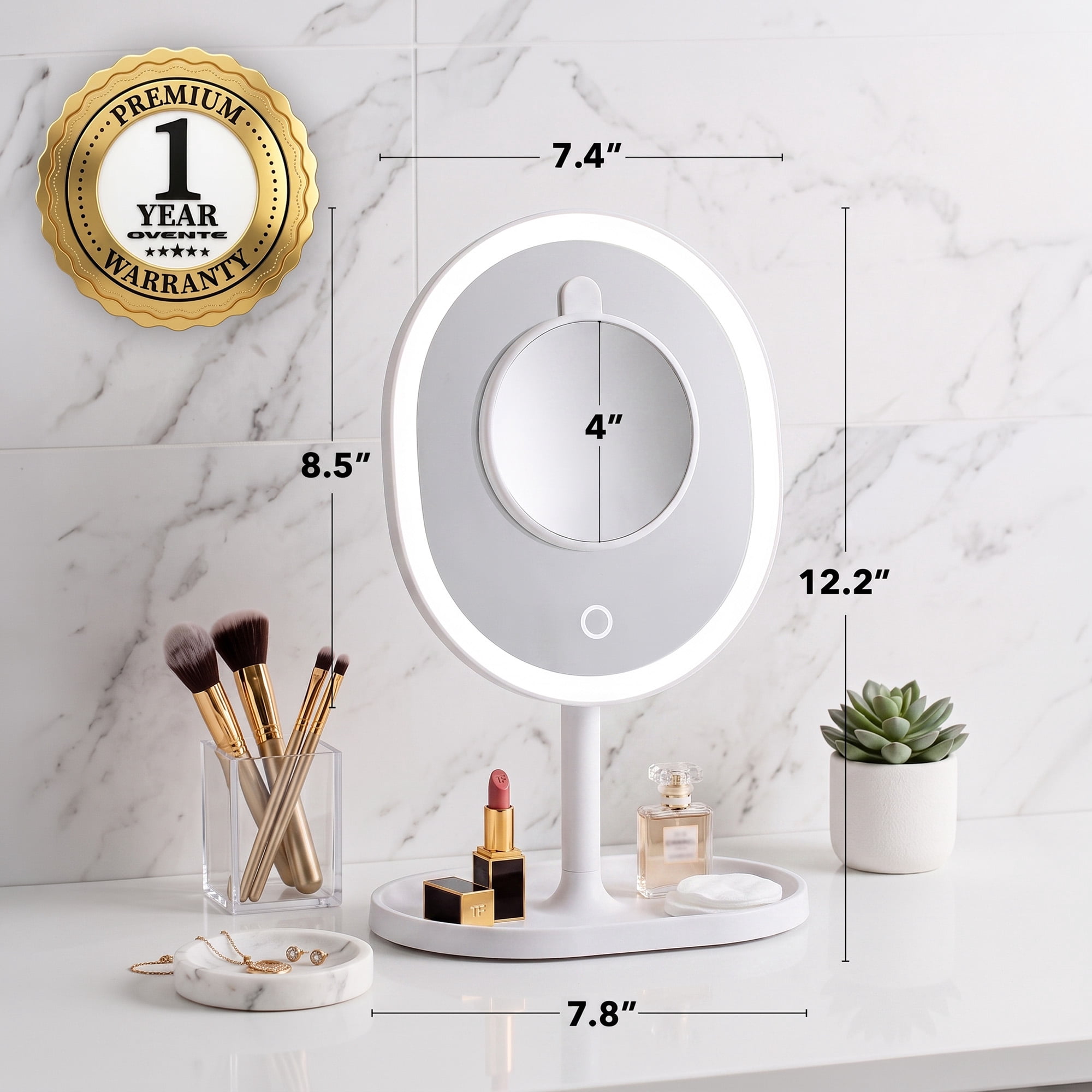 OVENTE 9" Rechargeable Lighted Tabletop Makeup Mirror with Mini Magnetic 10X Magnifying Mirror, Touch Screen Dimmable LED Lights, Portable Vanity Mirror Perfect for Bathroom or Travel, White MOT22W