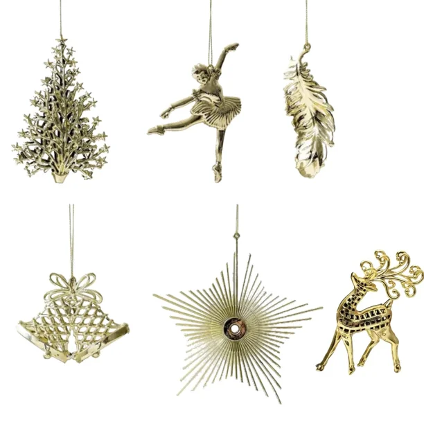 Colgante pequeño para decoración de árbol de navidad, alce, estrella, copo de nieve, dorado y plateado, galvanoplastia
