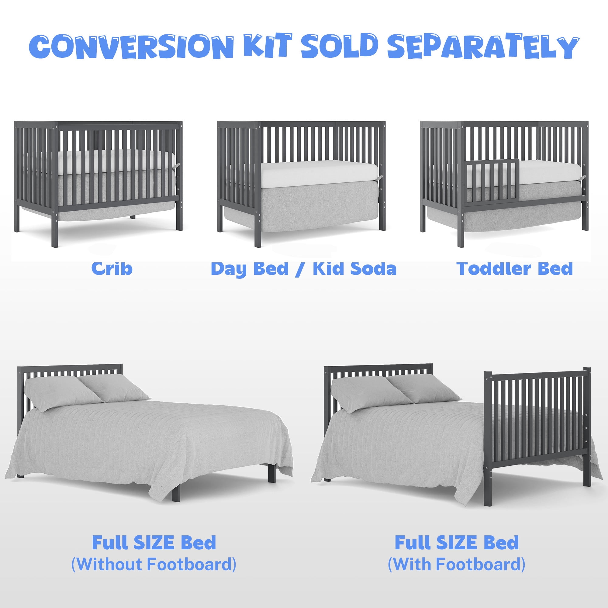Baby Convertible Crib 5-In-1, New Zealand Pinewood Baby Bed, Crib With 3 Height Adjustment, Non-Toxic Finish, No Conversion Kit Included, Gray
