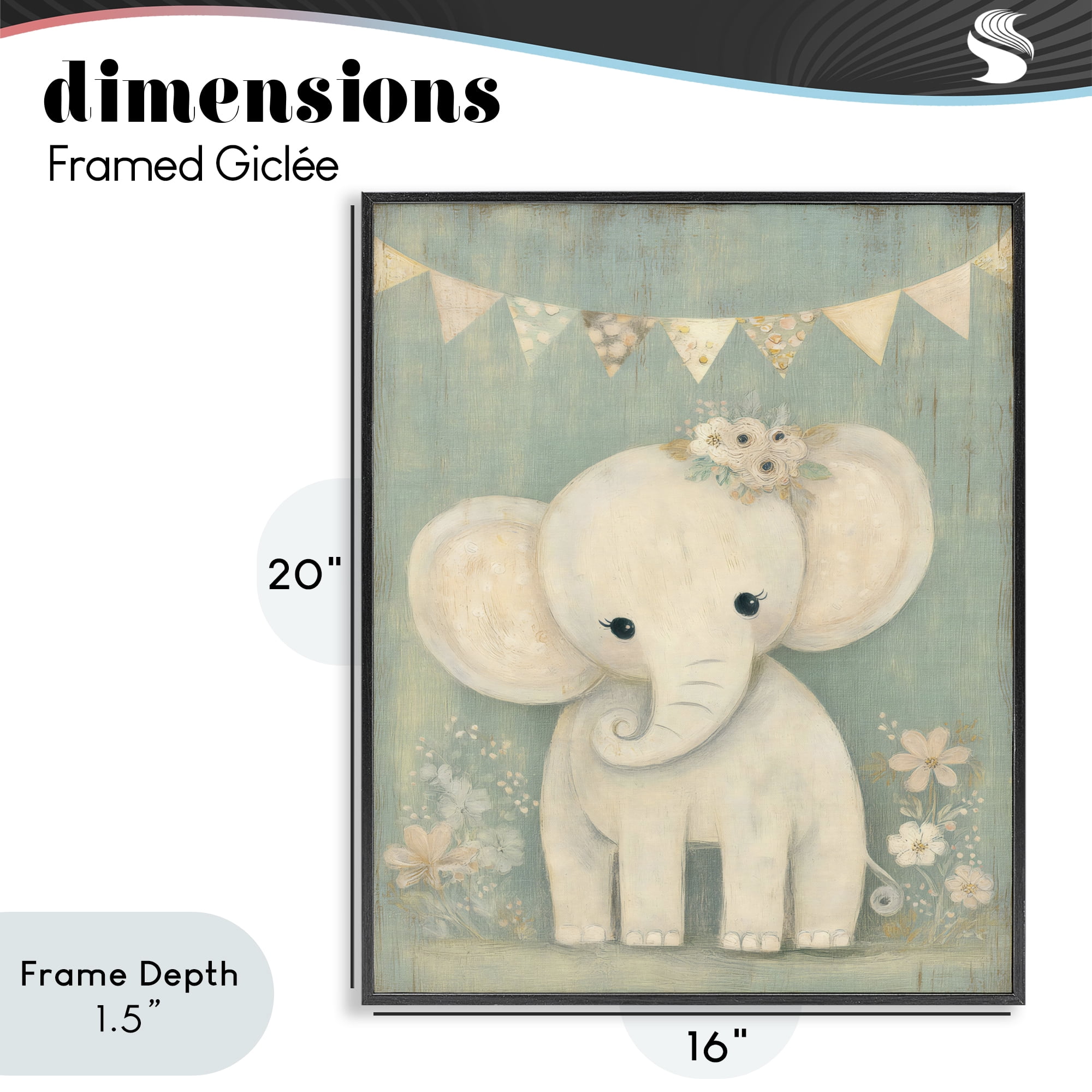 Stupell Industries Elephant with Overhead Banner Black Framed Giclee Art, design by Ink Drop Loft
