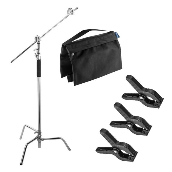 Flashpoint 10' C Light Stand on Turtle Base Kit, Chrome, Bundle with Spring Clamps and Saddle Sandbag