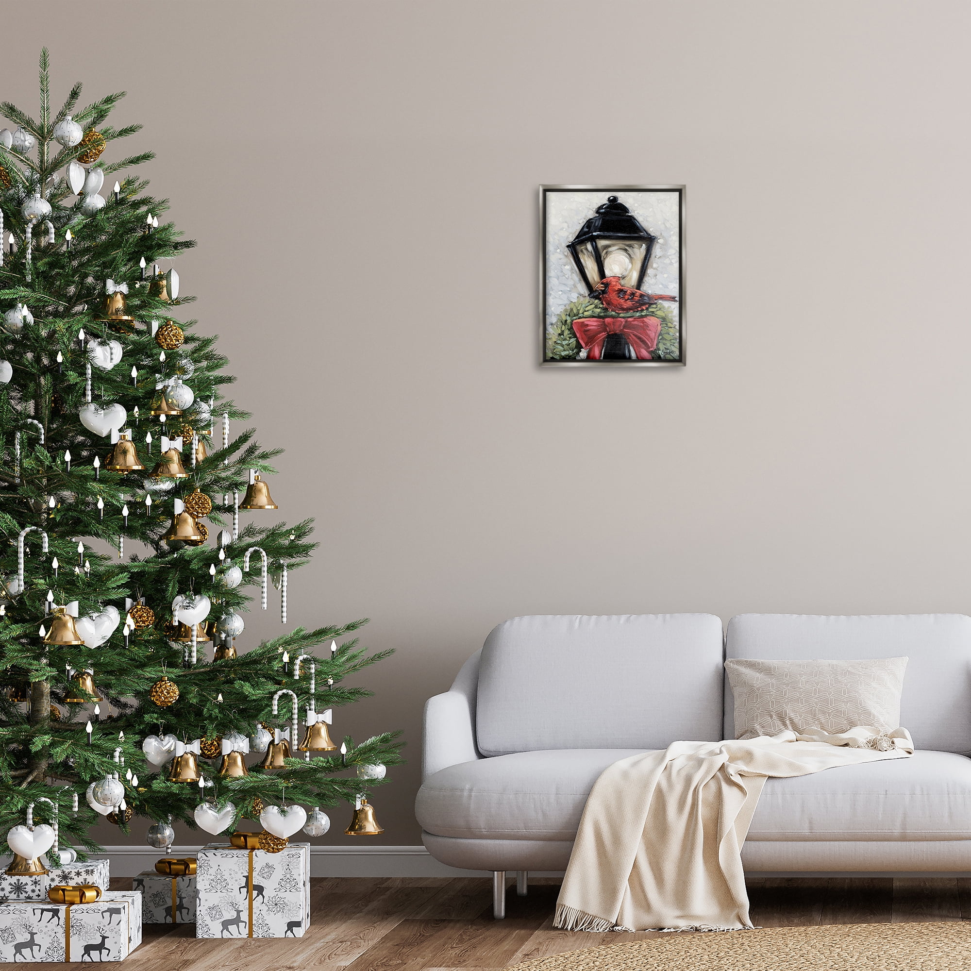 Stupell Industries Cardinal & Holiday Lamp Holiday Painting Gray Floater Framed Art Print Wall Art, 17 x 21