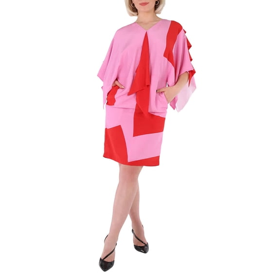 Burberry Ladies Primrose Pink Geometric Print Silk Crepe De Chine Cape Sleeve Dress, Brand Size 4 (US Size 2)