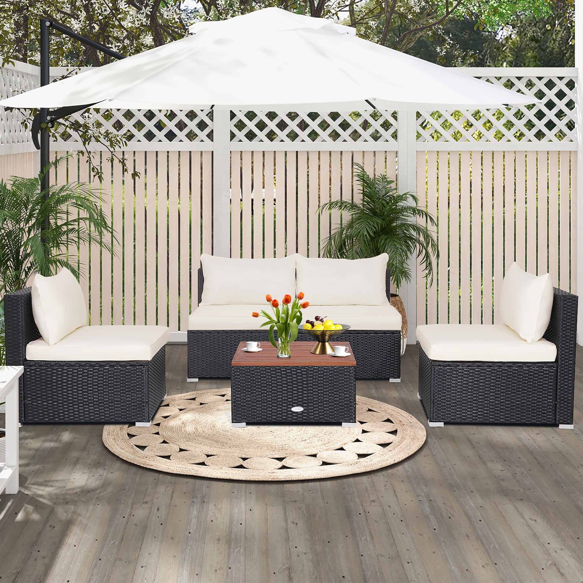 Costway 5PCS Patio Rattan Furniture Set Acacia Wood Table Top Sofa