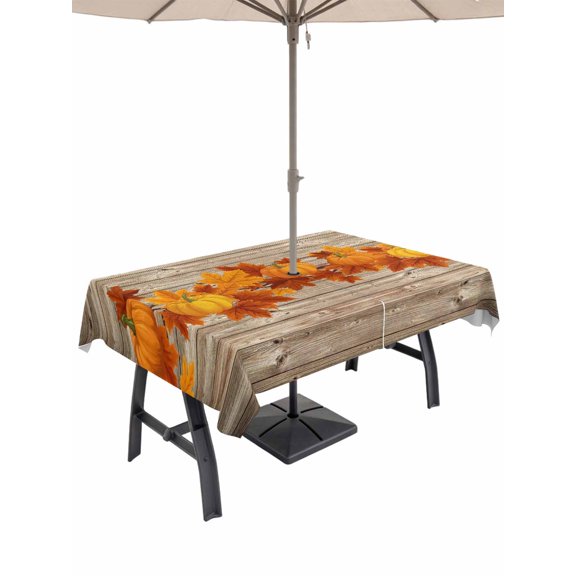 Outdoor Tablecloth with Umbrella Hole and Zipper, Fall Rectangle Table Cloth 60x102 Inch Waterproof Tablecloth, Thanksgiving Pumpkins Maple Leaf Vintage Picnic Table Cover for Patio Camping