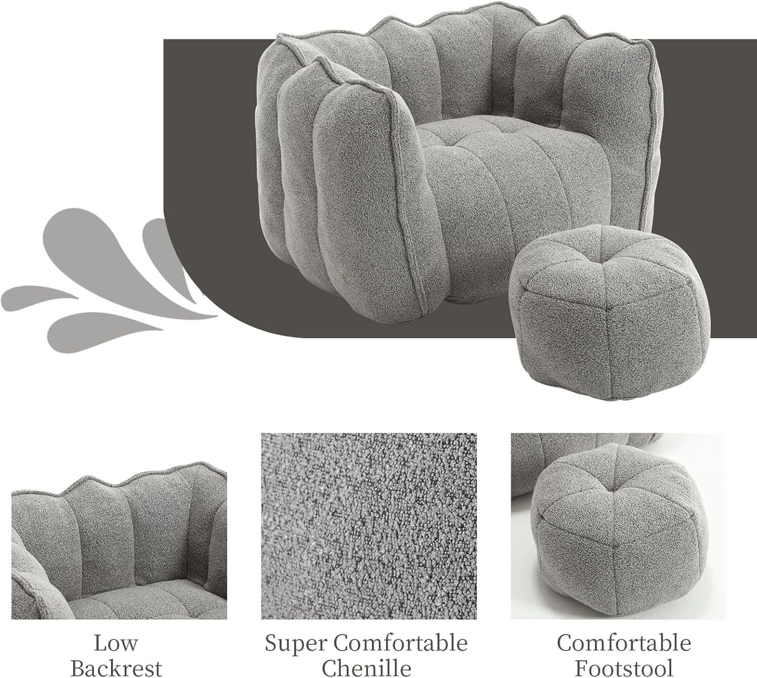 Tabaray Bean Bag Chairs with Ottoman, Bean Bag Couch for Adults, Bean Bag Sofa with High Resilient Foam, Modern Lazy Sofa Chair with Armrests for Living Room, Bedroom, Gaming Room, Apartment Grey