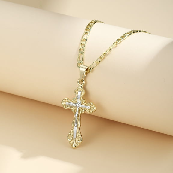 European and American popular jewelry, rhinestone-inlaid cross 14K Yellow Gold necklace, simple and fashionable, cross and versatile hanging