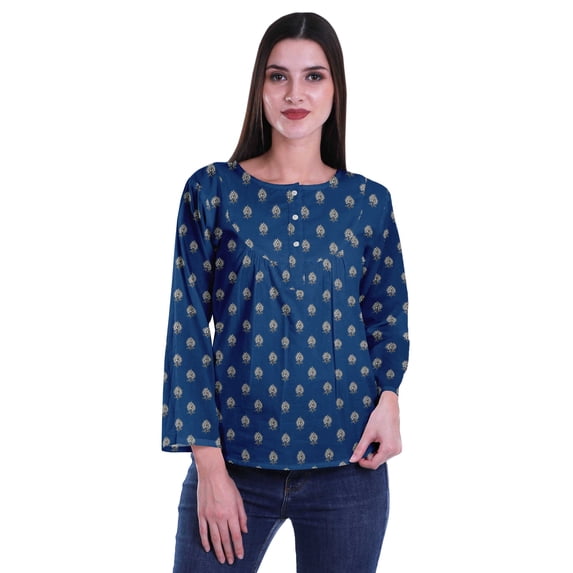 Moomaya Printed Button Placket Full Sleeve Top Round Neck WoMen's Casual Summer Tunic