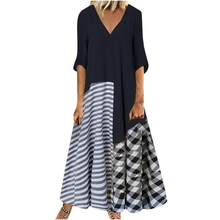 

Dresses for Women 2022 Pink Dress for Women Trendy Leisure Summer V-Neck Patchwork Plaid Printed Dress Short Sleeve Women Women s Dress Long Dresses Clearance 2022 Dresses for Women Blue M