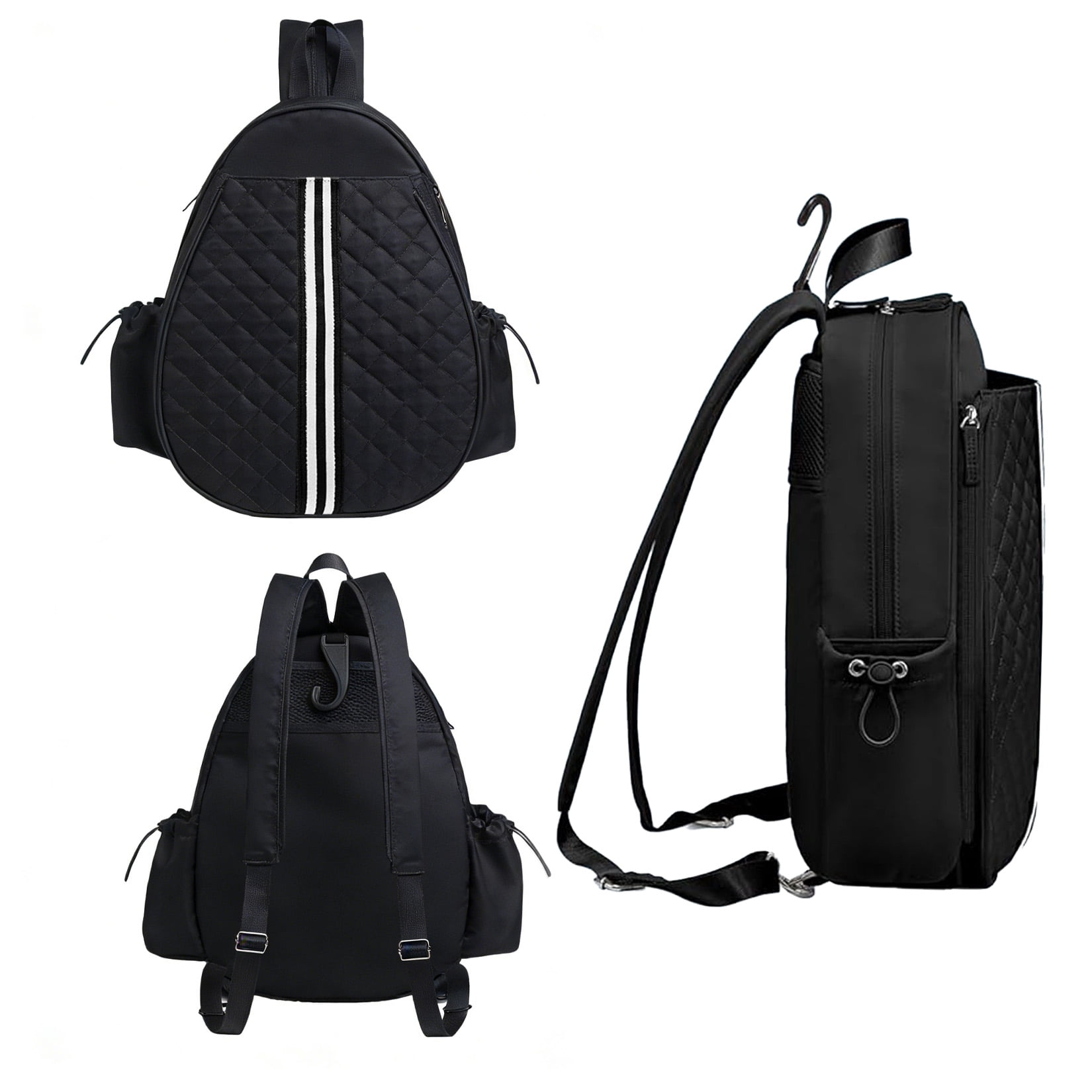 Tennis Sling Bag Racket Backpack, Quilted Sports Crossbody Bag for Tennis, Pickleball & Badminton, Waterproof Lightweight Racket Bag with Wet Pocket & Side Pockets, Black, 16.5 x 12.6 x 4.7inch