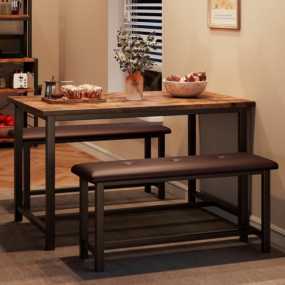 Dining Table Set for 4, Kitchen Table with 2 Upholstered Benches, Wood Kitchen Dining Room Set, for Small Space, Apartment, Home, Dinner, Retro Brown