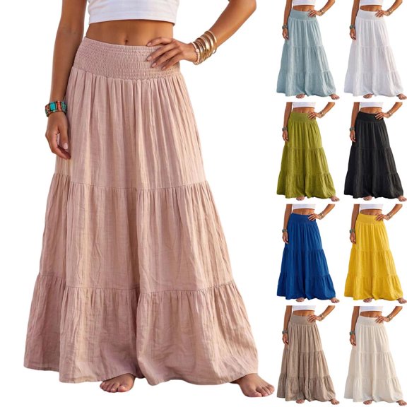 Bxsruta Womens Maxi Skirt Long Flowy Tiered Skirts Casual Bohemian Beach Skirt
