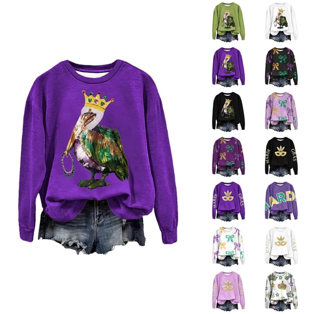 Mardi Gras 2026 Chandails en Molleton pour Femmes Tendance Manches Longues Col Rond Décontracté Carnaval Graphique Chandail en Molleton Pulls pour Femmes
