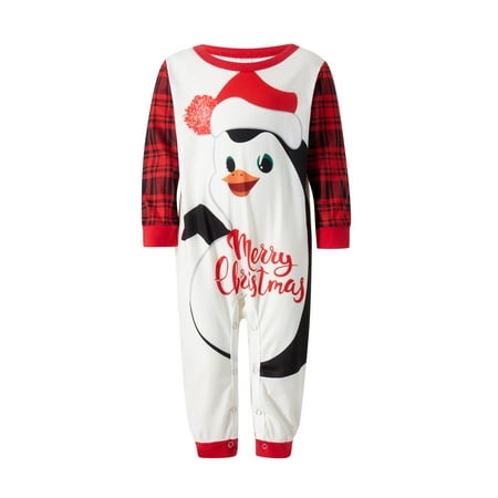 

Gureui Family Matching Christmas Pajamas Cartoon Penguin Print Long Sleeved Tops+ Elastic Waist Plaid Pattern Trousers