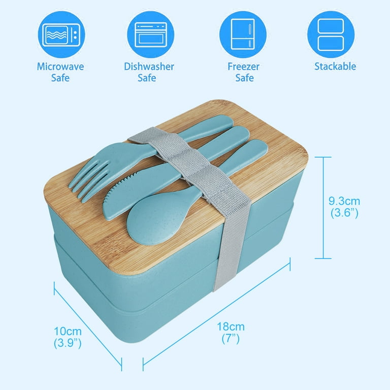 Deyuer Lunch Box Compartment Design Easy Carrying Double Layer Microwave  Safe Japanese Style Students Bento Box with Fork Spoon Daily Use,Blue