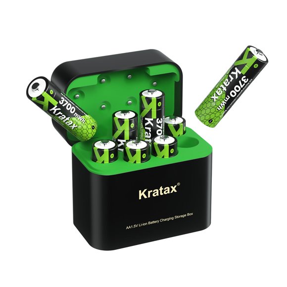 Batería Kratax AA, 3700 mWh, iones de litio, 1,5 V, paquete de 8 unidades con cargador