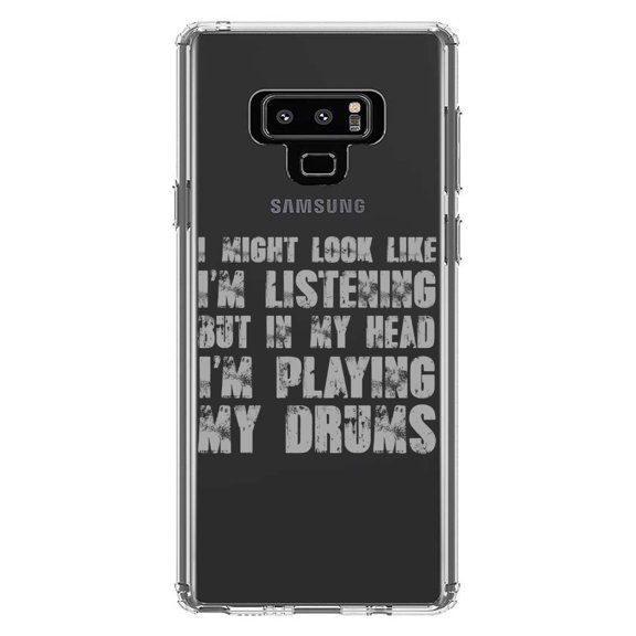 DistinctInk Clear Shockproof Hybrid Case for Samsung Galaxy Note 9 - TPU Bumper Acrylic Back Tempered Glass Screen Protector - In My Head, I'm Playing Drums