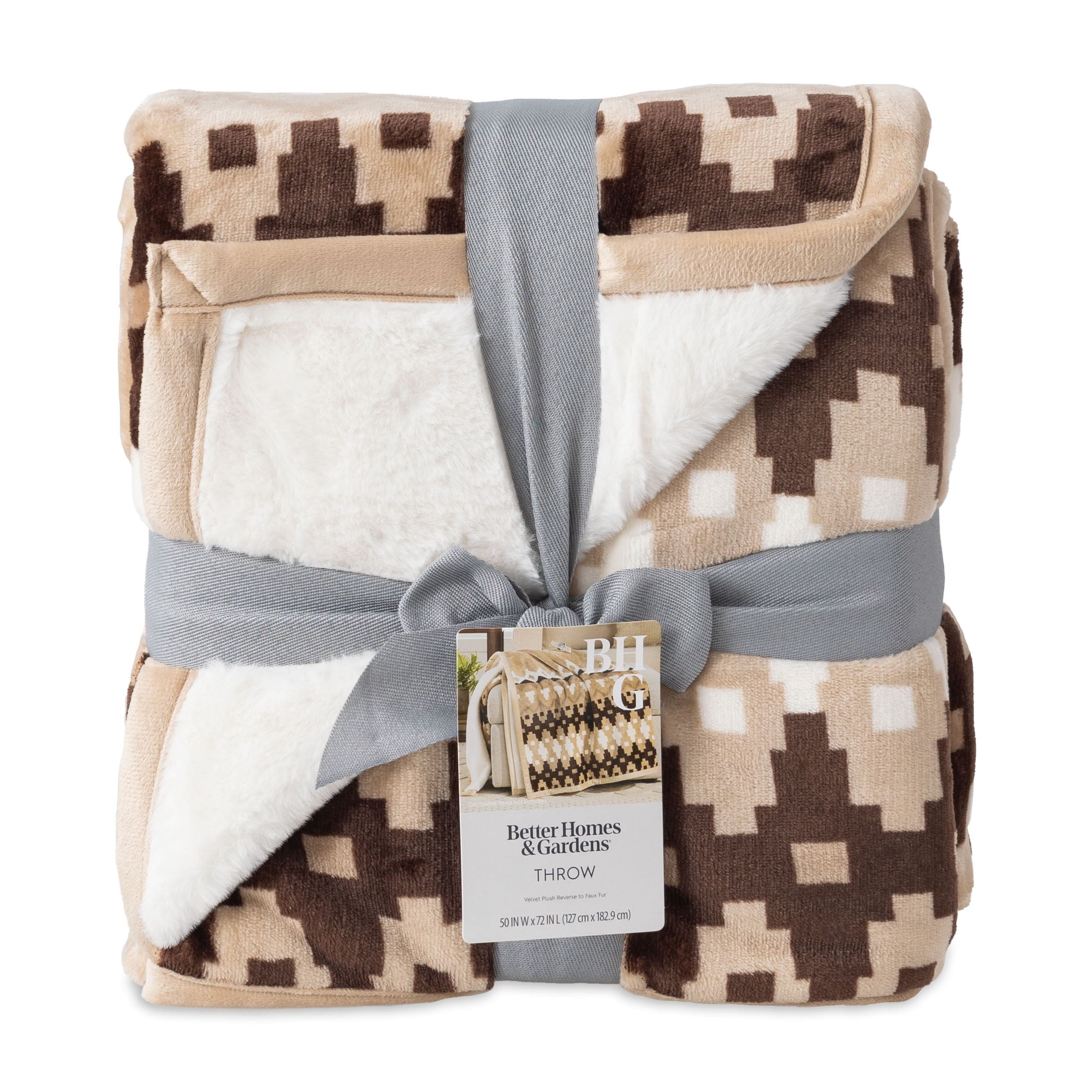 Better Homes & Gardens Border Printed Velvet Plush and Faux Fur Super Soft Throw Blanket, Oversized, Lindir Border Beige