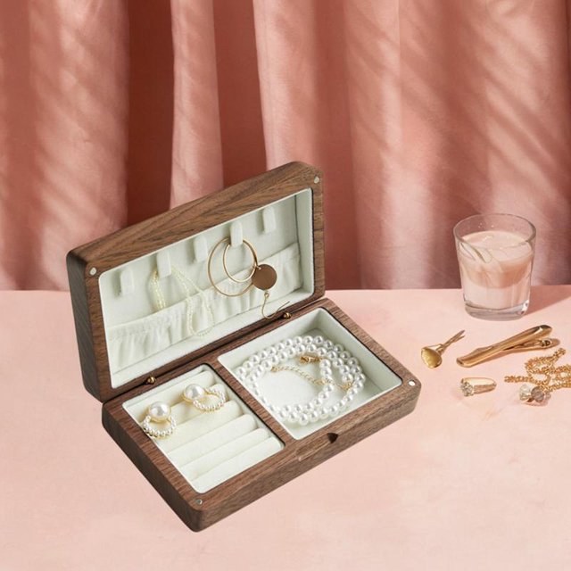 Contenedor de baratijas de joyería de madera Organizador de almacenamiento de exhibición portátil para collares Bracelets Día de la madre Regalos de Nogal blanca