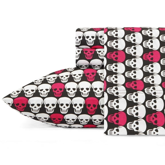Betsey Johnson Skull Microfiber Plain Weave Washable Sheet Sets, Twin, Pink