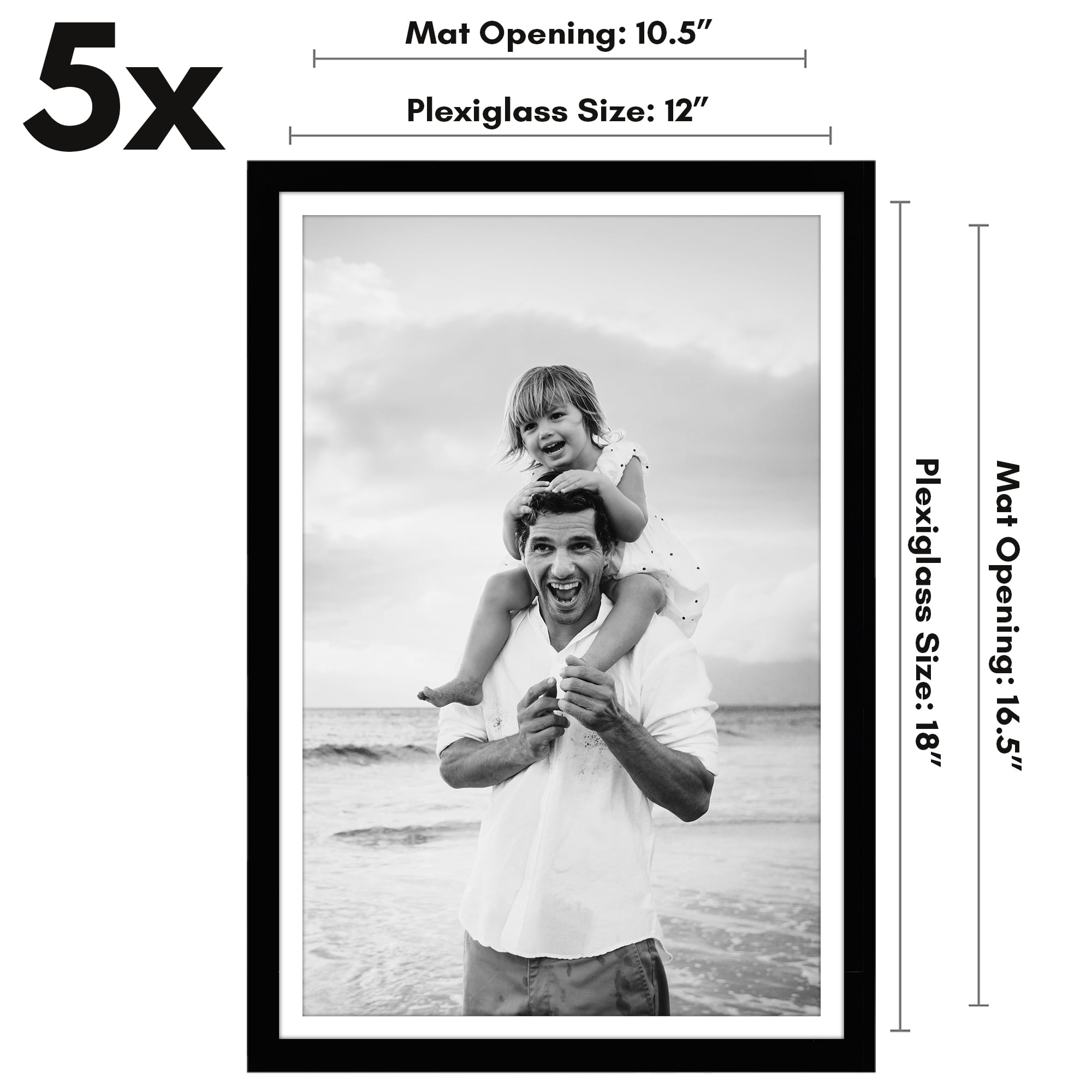 Americanflat 12x18 Poster Frame with Polished Plexiglass with 11x17 Mat 5 Pack Display Photo Galleria - Black
