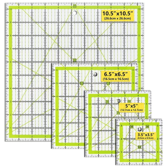 Quilting Rulers 4 Piece Square Acrylic Sewing Templates, 3.5"x3.5" 5"x5" 6.5"x6.5" 10.5"x10.5" 1/4" Grid Fabric Cutting Rulers for Quilting Sewing Patchwork
