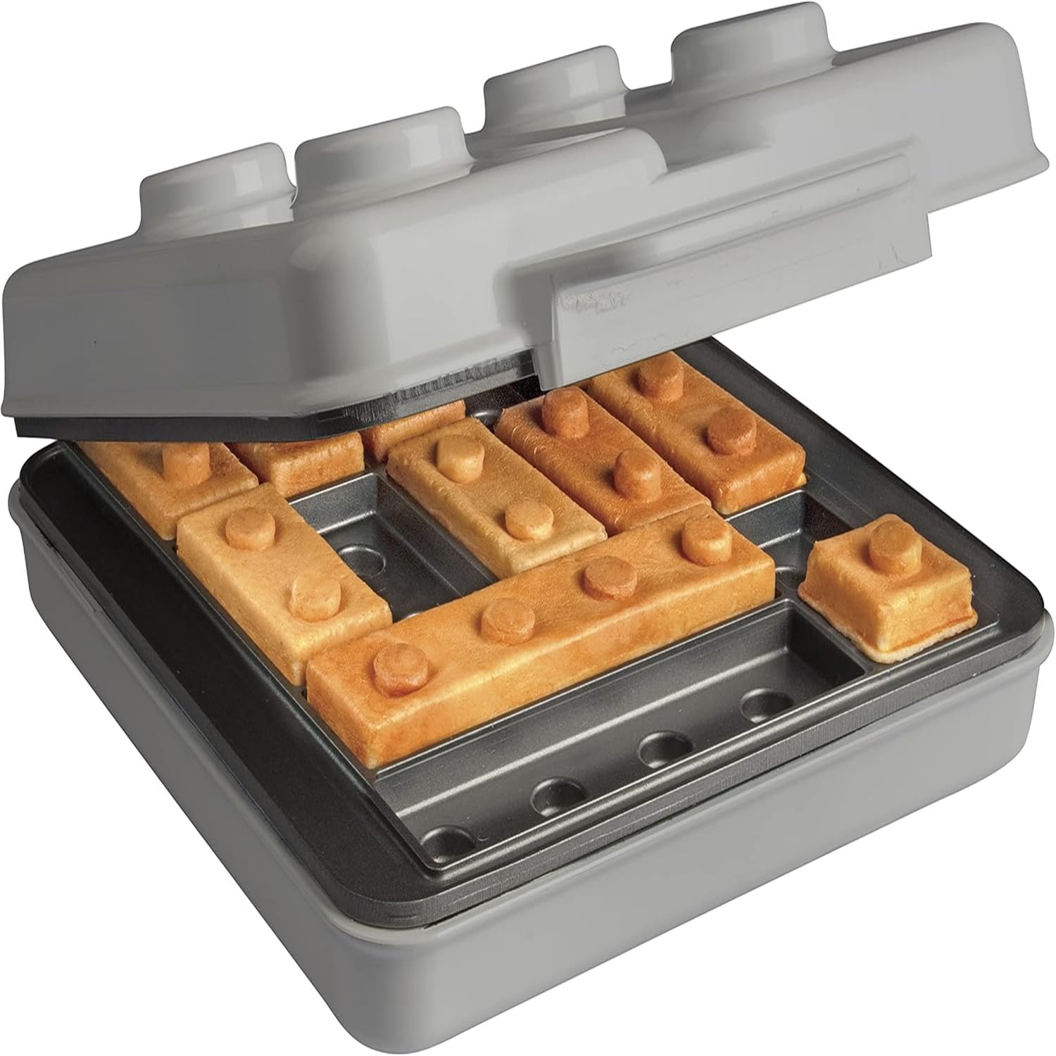 Building Brick Electric Waffle Maker- GREY with 2 Construction Eating Plates- Cook Fun Buildable Gingerbread Man Waffles in Minutes- Revolutionize Breakfast