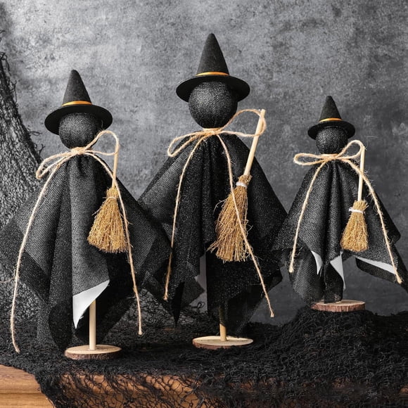 Aursykel Halloween Ghost Decorations Indoor with Wooden Base Witch Hat for Party Table Mantelpieces Spooky Cottage Style Easy to Display Reuse Suit for Home Office Classroom Decor 13in Black