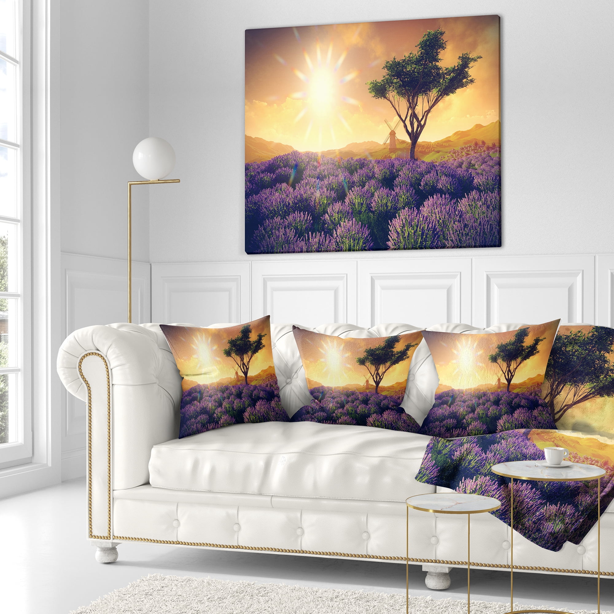 Designart Lavender Field with Solitary Tree - Landscape Printed Throw Pillow - 16x16
