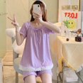 thumbnail image 3 of Conjuntos de pijama para mujer, ropa de dormir de verano con encaje, camiseta de manga corta y pantalones cortos, traje de 2 piezas con lazo, ropa de estar informal para mujer, ropa de casa, 3 of 5