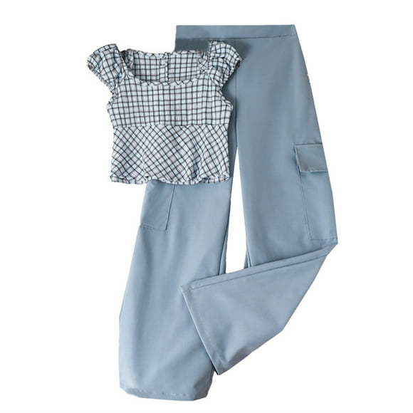 Two Piece Kids Outfit Girls Summer Fashion Clothes Plaid Crop Tops Wide Leg Cargo Pants Athletic Playwear Lounge Wear 9 Years, Blue