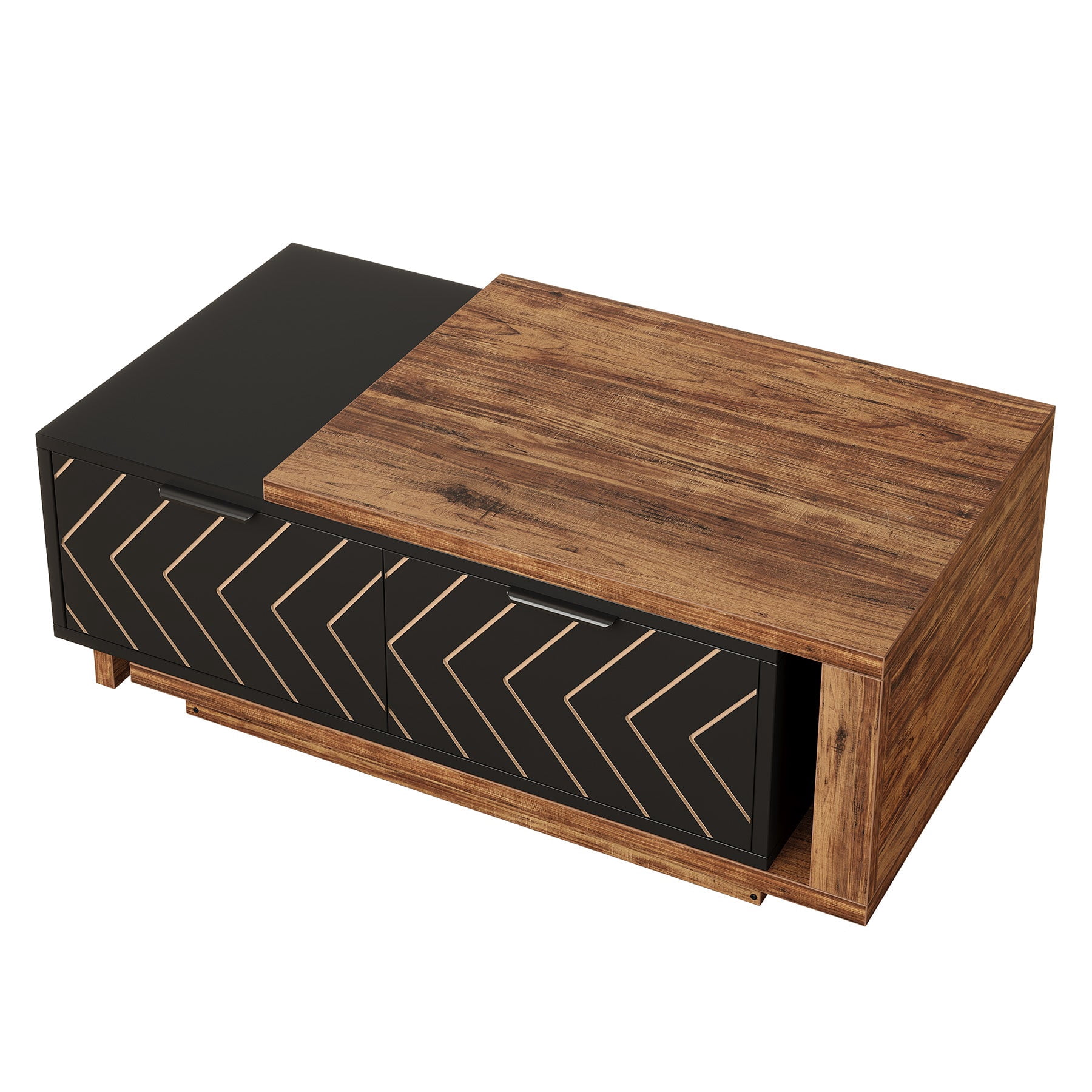 Fnova Modern Extendable Coffee Table with 2 Drawers, 42"-65" Expandable Wood Coffee Table for Living Room, Brown and Black