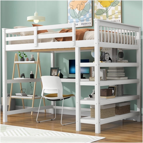 White Full Size Loft Bed with Built-in Study Desk & Shelves, Space Saver Wood Bunk Bed Frame