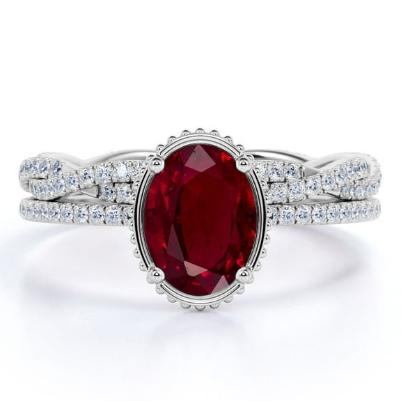 JeenMata 1.50 Carat Oval Sunset Lab Created Ruby Wedding Set - Pave Ring Band - 18k White Gold over Silver