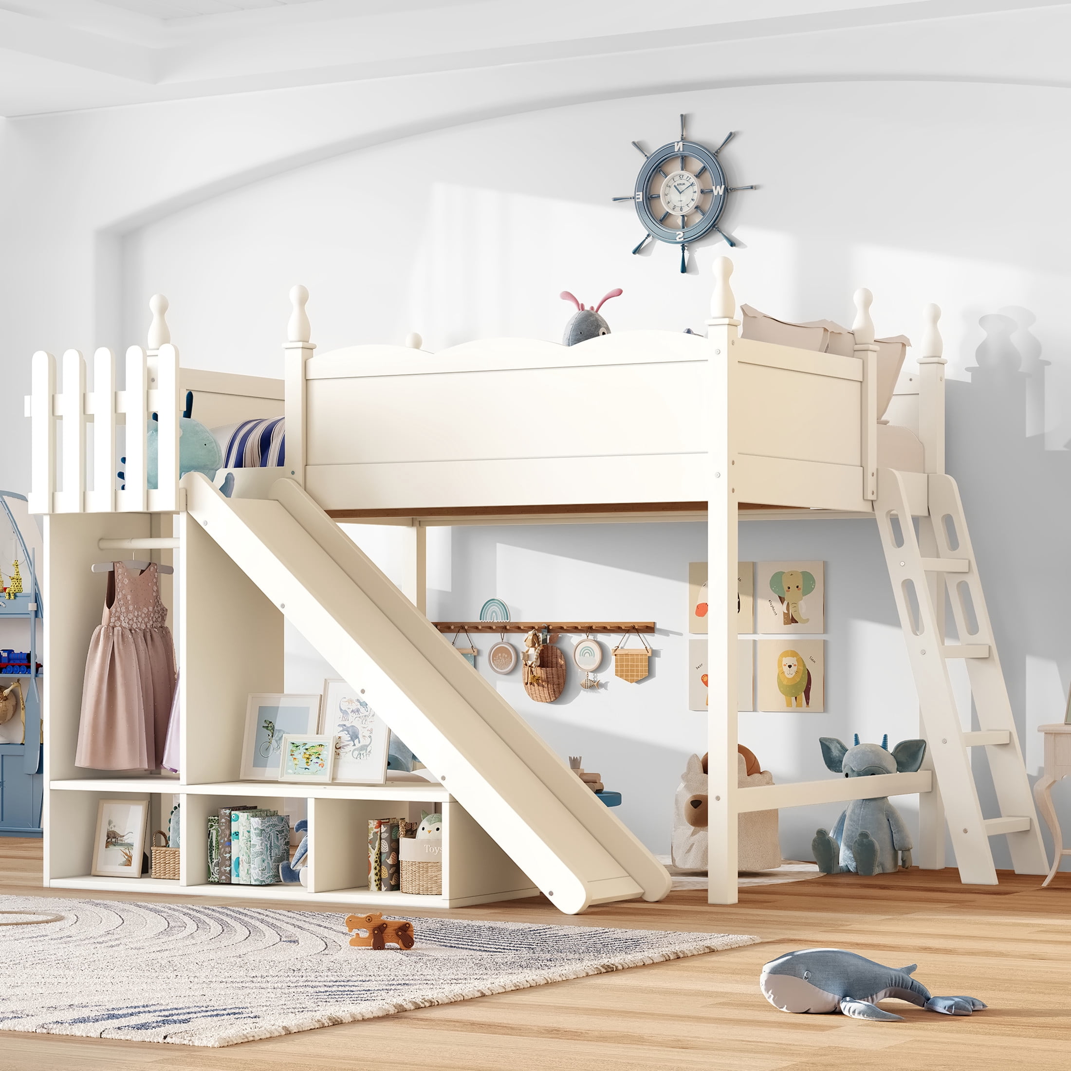 Noble House Full Loft Bed with Storage Shelves, Detachable Slide and Ladder, Beige