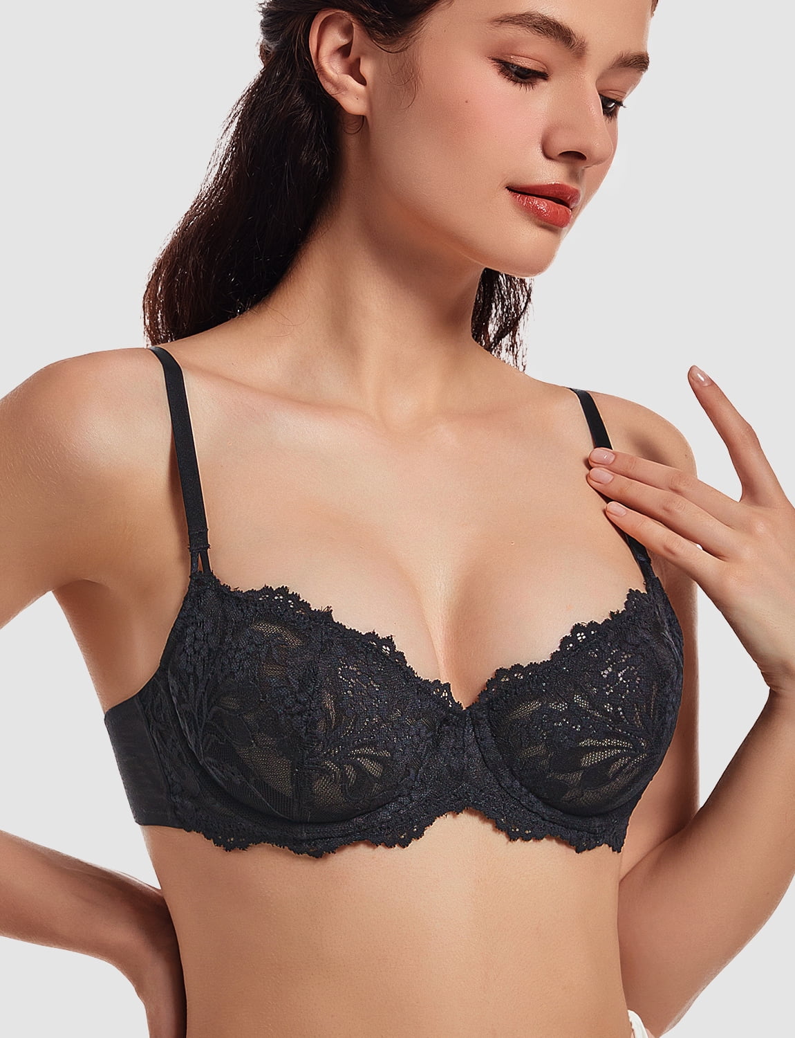 MELENECA Women's Sexy Lace Push Up Plus Size Sheer Balconette Underwire Unlined Bra Black 34A