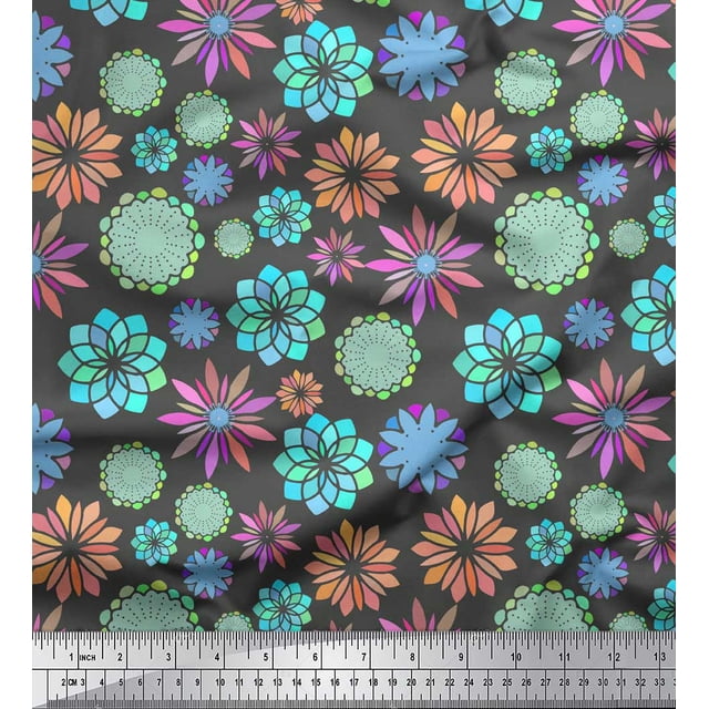 Soimoi Gray Heavy Satin Fabric Multicolor Mandala Printed Fabric 1 Yard 54 Inch Wide