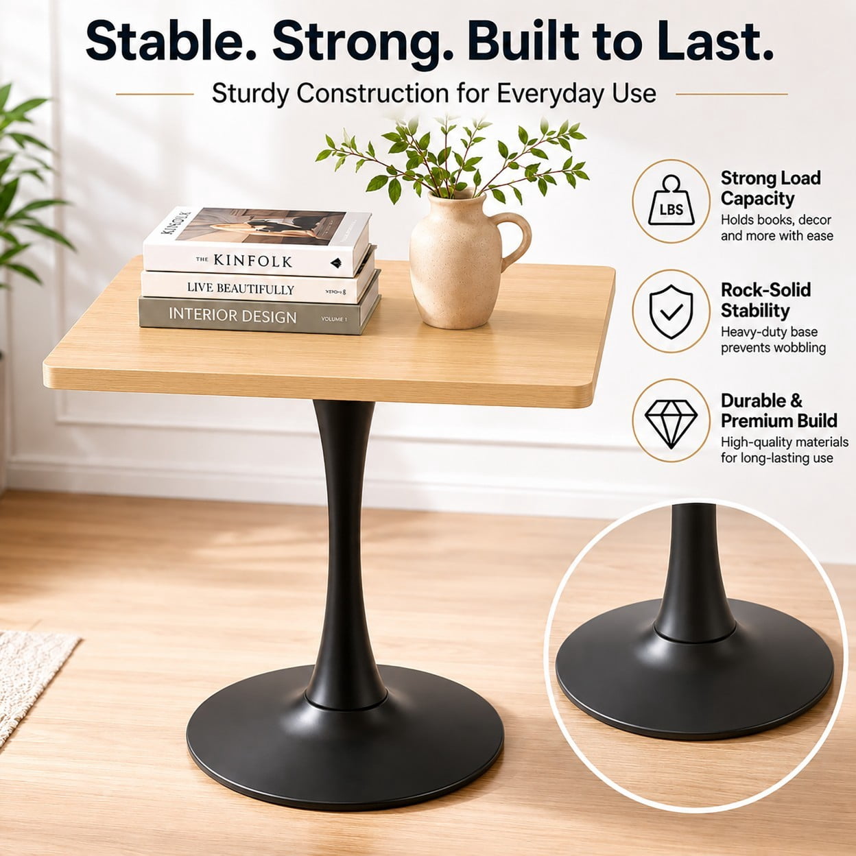 Square Dining Table, 27.6" Tulip Table with Metal Pedestal Base, Mid Century Modern Kitchen Table for 4, Small Space Bistro Table for Apartment, Living Room, Cafe, Natural