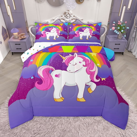 Homewish Kawaii Animal Unicorn Bedding Comforter Set,Colorful Traingle Rainbow Twin Comforter Sets,White Starry Sky Bedding Set For Girl,Breathable Home Decor Reversible,2pcs
