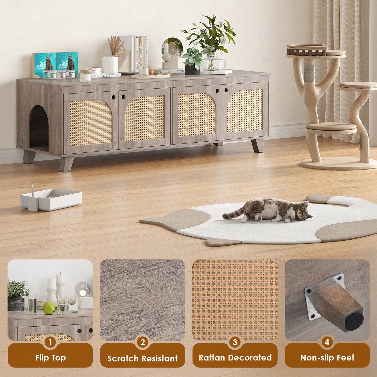 Orthopedic Dog Bed, Double Hidden Cat Litter Box Enclosure Furniture Cabinet with Rattan Decorated Doors for Two Cats, Two Entrances, Grey Dog Bed,Engineered Wood Cat Bed