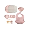 thumbnail image 1 of KIT PARA BEBÉ Tazón, plato 4 divisiones y tapa adheribles a superficies lisas, vaso, popote y 2 tapas, babero ajustable anti derrame, cubiertos de madera y silicón grado alimenticio y libre de BPA., 1 of 6