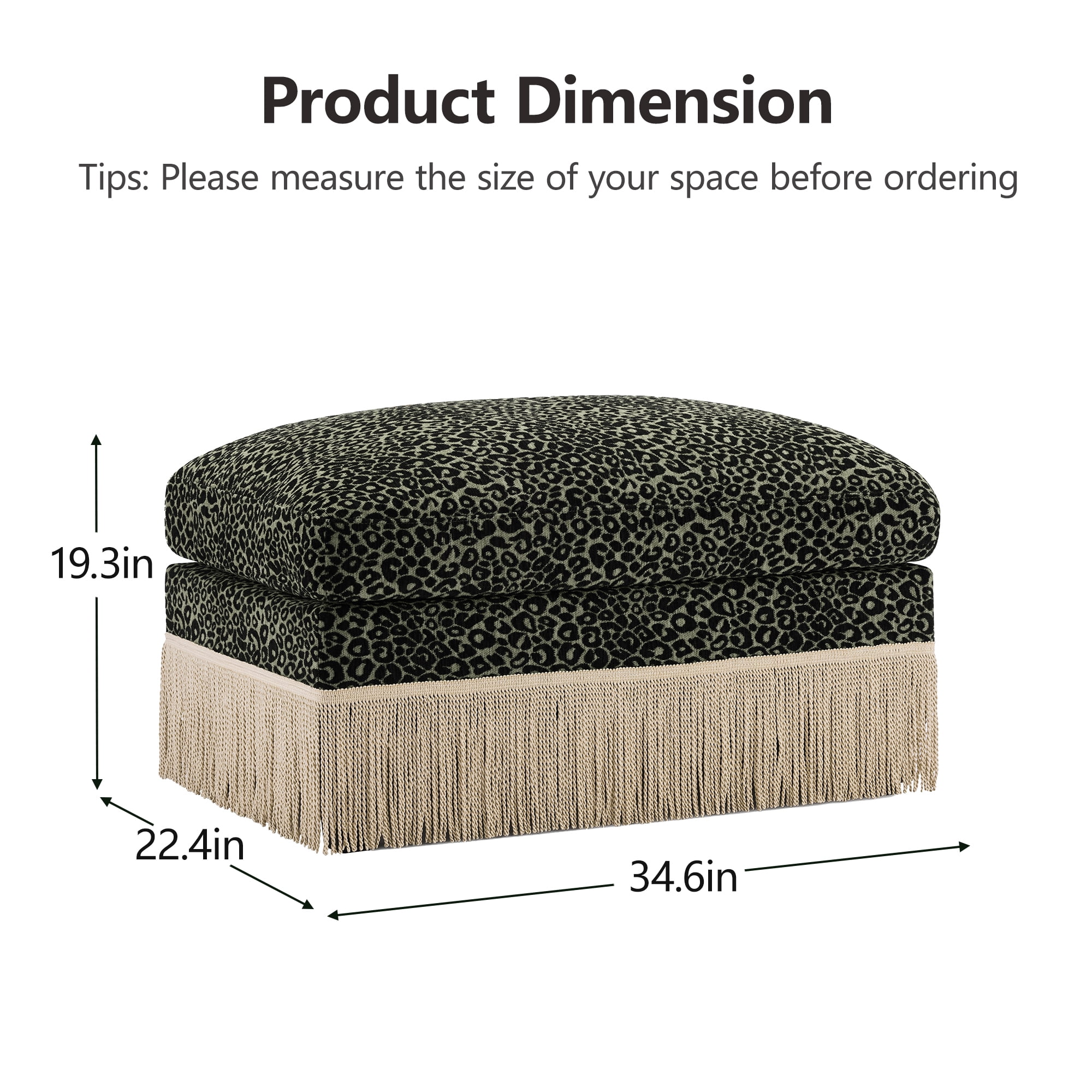 NEW 34.6" Leopard Print Chenille Ottoman, Delicate Tassel Edge, Modular Stool with High-Density Foam, Easy Assembly, for Living Room, Green Black