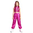 thumbnail image 3 of Aislor Girls Jazz Hip Hop Dance Outfit Sleeveless Sequin Ruffles Crop Top with Pants Streetwear Hot Pink 10, 3 of 7