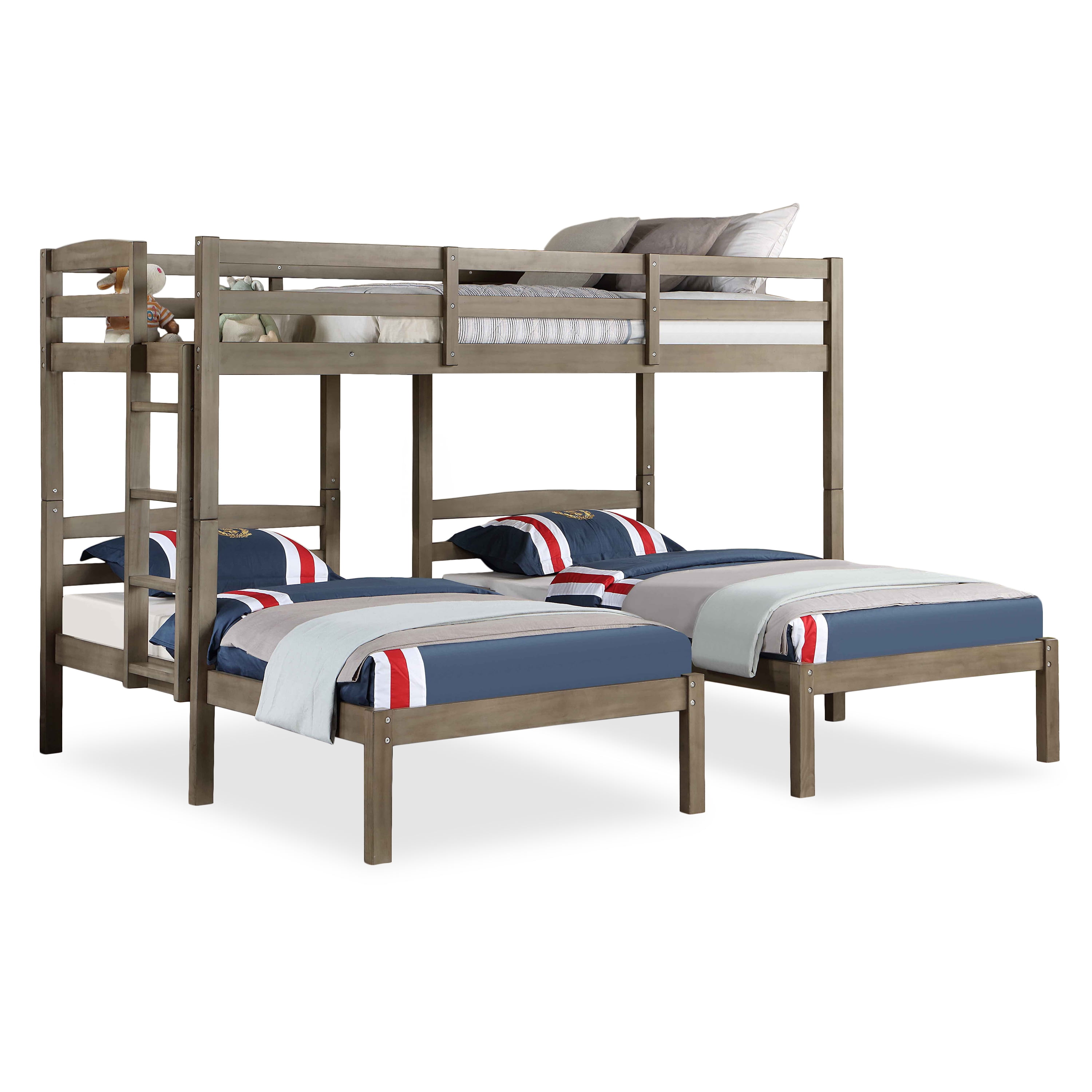 Furniture of America Roligt Kids Triple Twin Wood Bunk Bed with USB, Gray