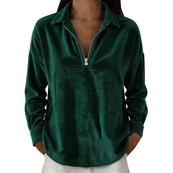 TRUBKH Zipper Shirts for Women Quarter Zip V Neck Long Sleeve Women's Relaxed Fit Polo Shirts Tunic Tops Business Casual Loose Pullover Casual Boho Summer Tops Green L