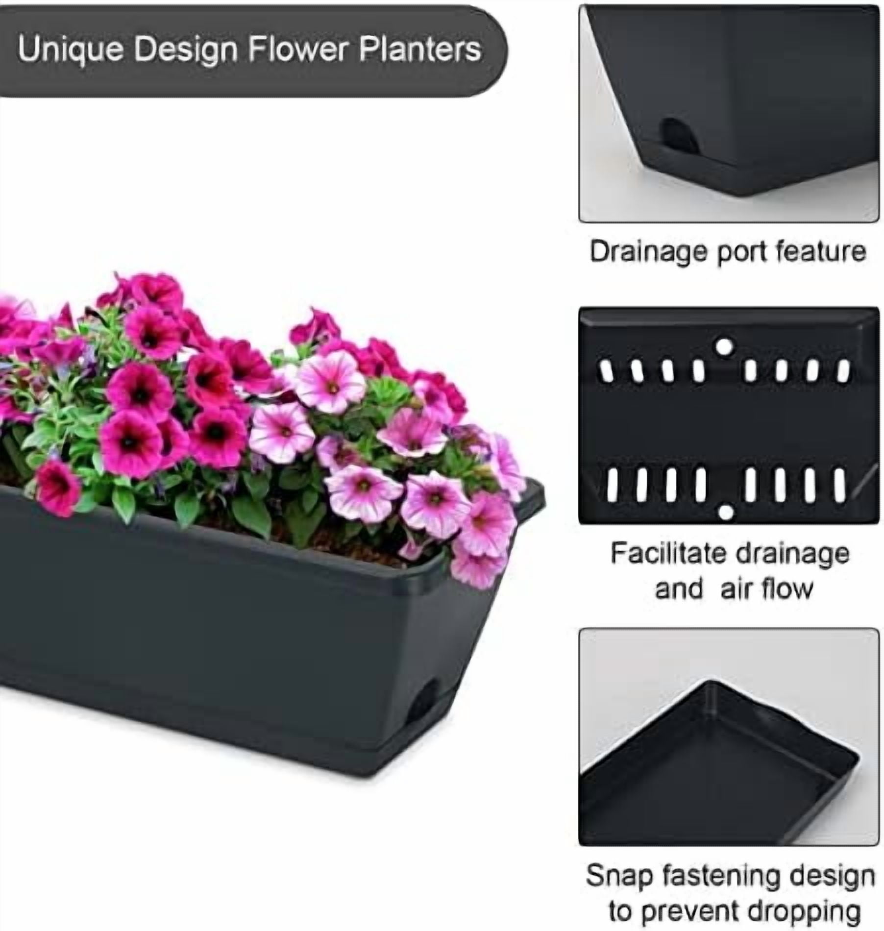 RibRave Window Box Planter, 6 Pack 17inch Plastic Vegetable Flower Planter Boxes with Tray, Indoor Outdoor Flower Pots for Windowsill, Patio, Porch, Garden Balcony, Dark Gray