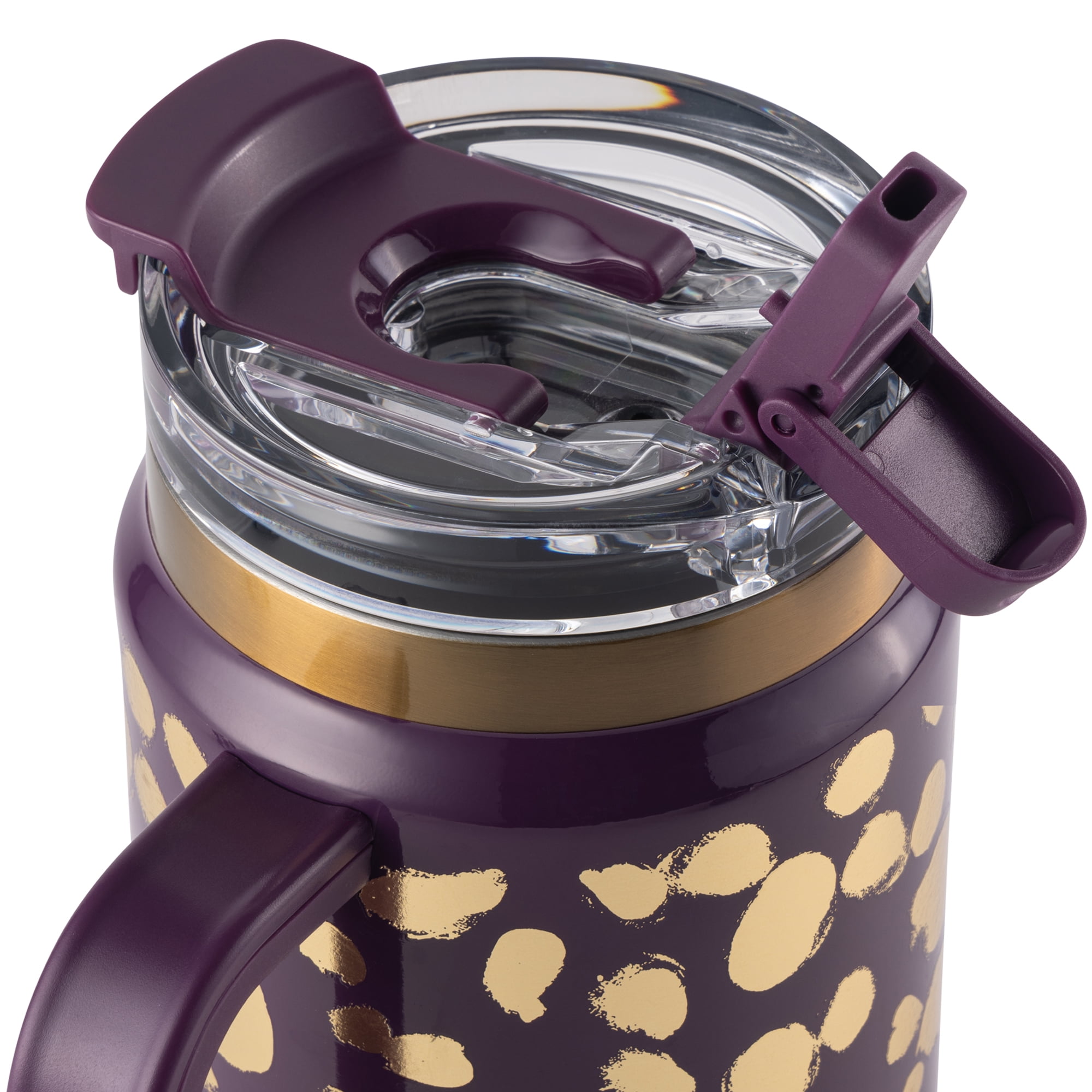 Thyme & Table 32 fl oz Stainless Steel Luna Tumbler with Handle and Dual Straw Lid, Purple & Gold Dot
